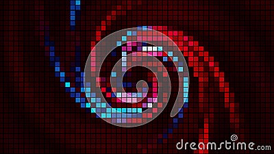 Abstract spiral radial shape on a pixelated background, seamless loop. Motion. Bright rotating wind flow. Stock Photo