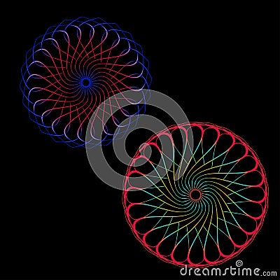 Abstract spirograph art , parabolic curve of line in circle form illustration. Vector image.Round pattern color on black Cartoon Illustration