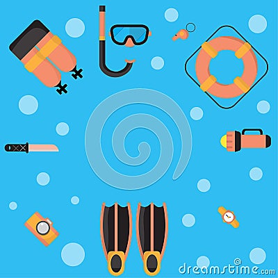 The illustrations are dive equipment icons. Vector Illustration