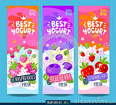 Abstract splash Food label template. Colorful brush stroke. Fruits, organic, yogurt, milk package design. Raspberries Vector Illustration