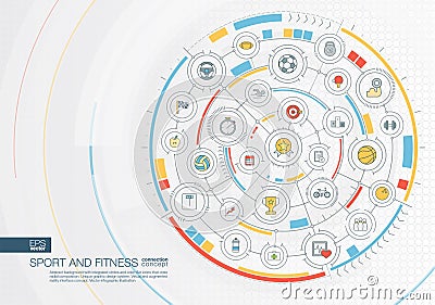 Abstract sport and fitness background. Digital connect system with integrated circles, color flat icons. Vector Illustration