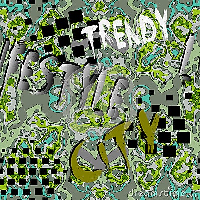 Abstract spotted camouflage seamless text pattern. Vector abc wallpaper. Patterned spotted background. Drawing text. Green colors Vector Illustration