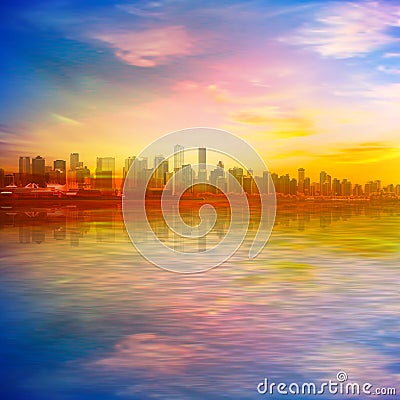 Abstract spring background gold sunset pink sky and silhouette of Vancouver Vector Illustration