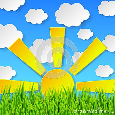 Abstract spring background with green grass, sun and blue sky wi Vector Illustration