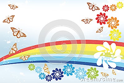 Abstract spring Background with rainbow, butterfli Cartoon Illustration