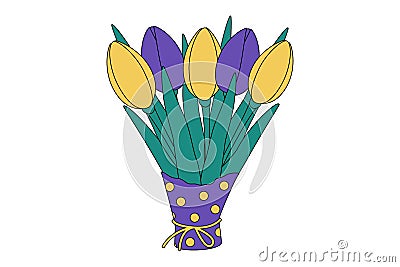 Abstract Spring colorful bouquet of tulips in wrapping paper in trendy shades of purple and yellow Vector Illustration