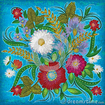 Abstract spring grunge floral ornament light blue background Vector Illustration