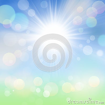 Abstract Spring Summer Bokeh Background With Sun, Blue Sky And Green Meadow Stock Photo