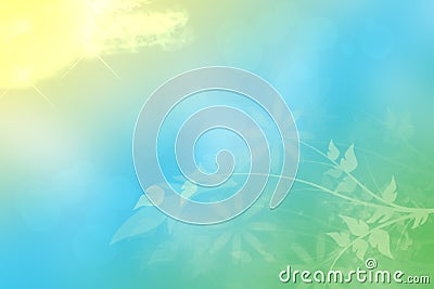 Abstract spring or summer flower background. Abstract flower background with beautiful green flowers, sun lights and blue sky. Stock Photo