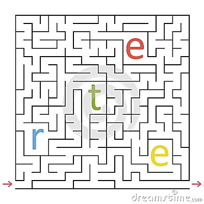 Abstract square maze. An interesting and useful game for children. Collect all the letters and make up the word. Simple flat Vector Illustration