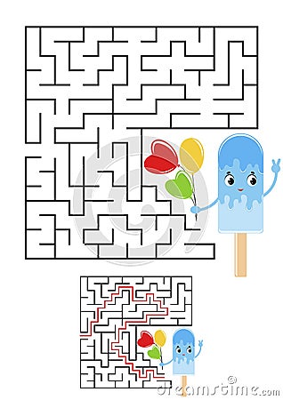 Abstract square maze. Kids worksheets. Game puzzle for children. Cute ice cream on a white background. One entrances, one exit. La Vector Illustration