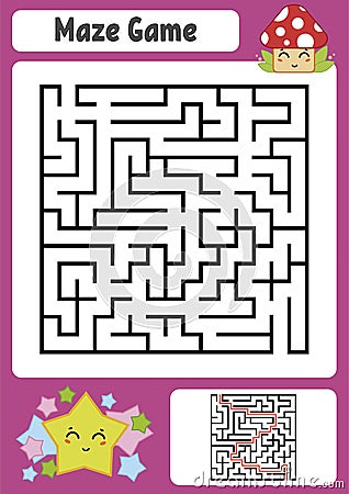 Abstract square maze. Kids worksheets. Game puzzle for children. Cute star and mushroom. One entrances, one exit. Labyrinth conund Vector Illustration