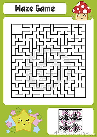 Abstract square maze. Kids worksheets. Game puzzle for children. Cute star and mushroom. One entrances, one exit. Labyrinth conund Vector Illustration