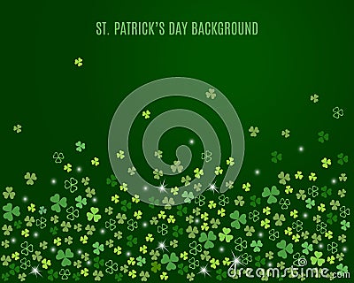 Abstract St. Patrick`s day background with sparkling clover shamrock leaves. Vector Cartoon Illustration