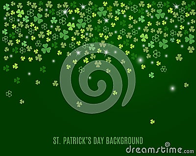 Abstract St. Patrick`s day background with sparkling clover shamrock leaves. Vector Cartoon Illustration