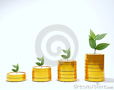 abstract stacked coins with leaves on top Show investment income ideas, higher index valuations, a Stock Photo