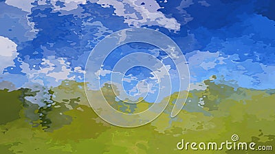 Abstract stained pattern rectangle background landscape green grass and sky blue color - modern painting art - watercolor Stock Photo