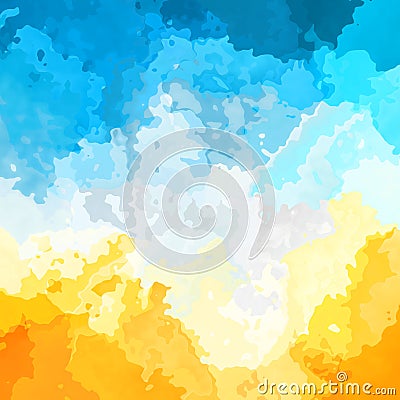 Abstract stained square background sunny yellow sky blue white clouds color - modern painting art - watercolor Stock Photo