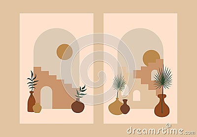 Abstract stairs plants posters. Architecture cards contemporary boho design, art print minimal wall decor, vector cityscape Vector Illustration