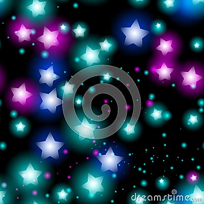 Abstract starry seamless pattern with neon star on black background. Vector Illustration