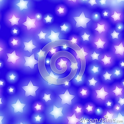 Abstract starry seamless pattern with neon star on bright pink and lilac, blue background. Galaxy Night sky with stars. Vector Vector Illustration