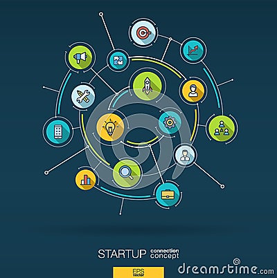 Abstract startup project, development background. Digital connect system with integrated circles, color flat icons Vector Illustration