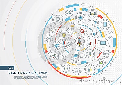 Abstract startup project, development background. Digital connect system with integrated circles, color flat icons. Vector Illustration