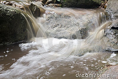 Abstract stone with waterfall and beautiful green leaf. Stock Photo