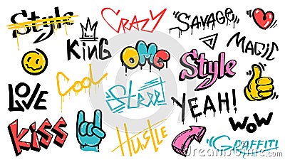 Abstract street graffiti lettering elements with grunge fonts. Urban savage spray paint art. Cool teenage graffiti Vector Illustration