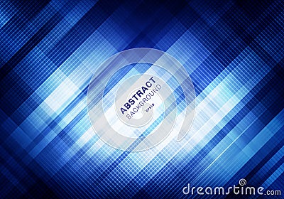 Abstract striped blue grid pattern with lighting on dark background. Geometric squares overlapping design technology style. You Vector Illustration