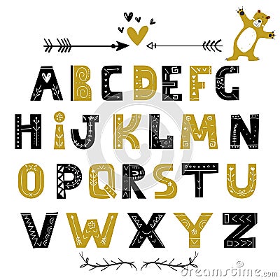 Abstract stylish alphabet in scandinavian style.Hand drawn letters, stylish abc. Creative Kids font. Vector Illustration