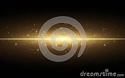 Abstract stylish light effect on a black background. Gold glowing neon line. Golden luminous dust and glares. Flash Light. luminou Cartoon Illustration