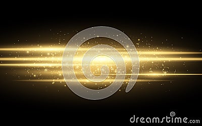 Abstract stylish light effect on a black background. Gold glowing neon lines in motion. Golden luminous dust and glares. Flash Lig Cartoon Illustration