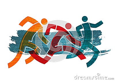 Running race, marathon, jogging, three runners. Cartoon Illustration