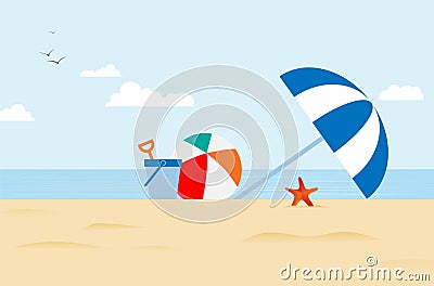 Abstract stylized drawing of sea beach under blue sky Cartoon Illustration