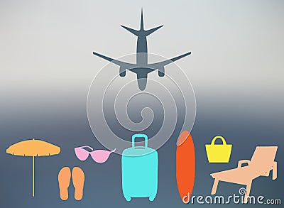 Abstract summer background in a blurry sunset and with silhouettes of the plane, suitcase, parasol, chaise, flip-flops, beach bag, Cartoon Illustration