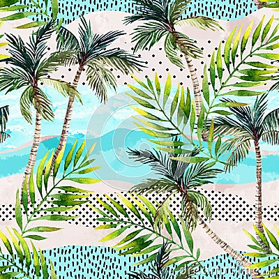 Abstract summer beach background. Art illustration with watercolor palm trees, doodles and grunge textures Cartoon Illustration