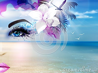 Abstract Summer collage with woman face and blue sea, sky, sunshine and beach. Vector Illustration