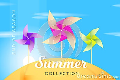 Abstract Summer Collection Banner With Multicolored Paper Windmill. Advetising Vector Illustration Vector Illustration