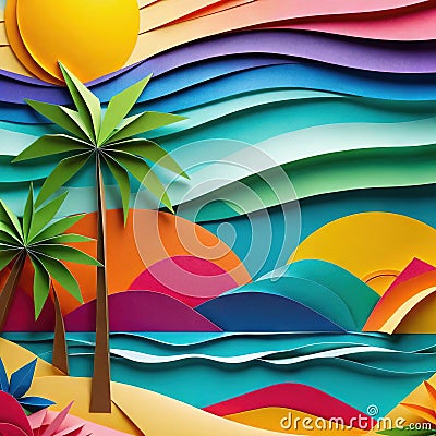Abstract summer concept in papercut style in Cartoon Illustration