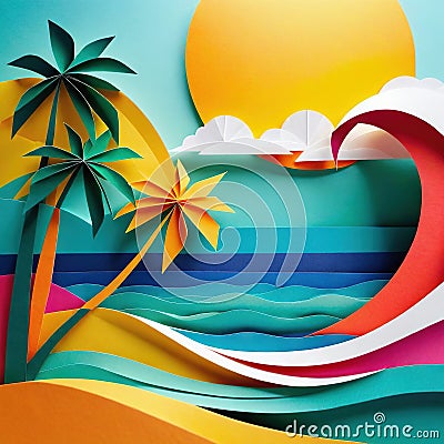 Abstract summer concept in papercut style in Cartoon Illustration