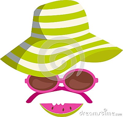 Abstract summer face made of beach accessories with sun hat, sun glasses, and slice of watermelon Vector Illustration