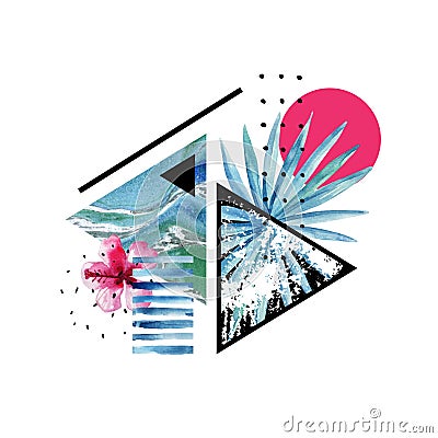 Abstract summer geometric elements with exotic flower and leaves Cartoon Illustration