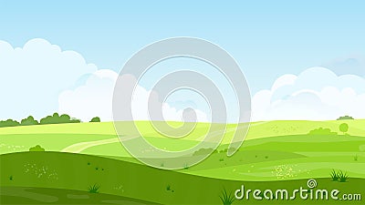 Abstract summer hilly landscape with meadows, plants, blue sky and clouds Vector Illustration