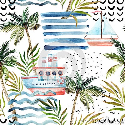 Watercolor sailboat, ship, palm tree, leaves, grunge textures, doodles, brush strokes. Cartoon Illustration