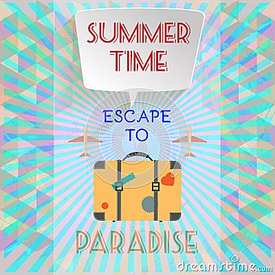 Abstract summer time infographic, with book now and escape to paradise text, planes and travel accessories Vector Illustration