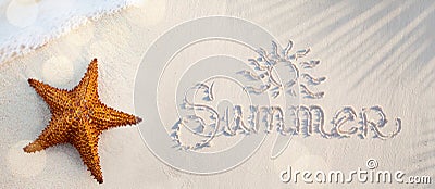 Abstract summer tropical holidays banner sandy beach and wave on the edge of clear water, starfish on the sand and an inscription Stock Photo