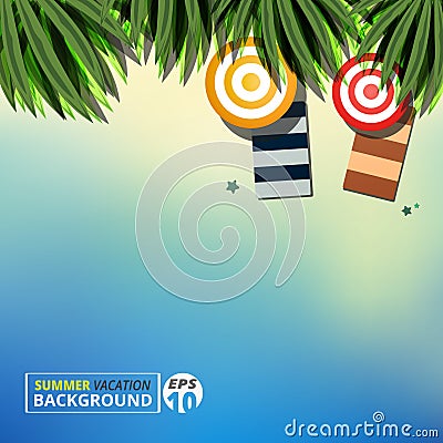 Abstract of summer vacation background with leaves nature and set of umbrella on sunny day. Vector Illustration