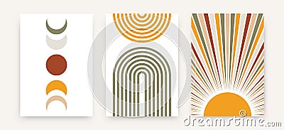 Abstract sun moon poster set. Contemporary minimalist backgrounds modern boho style. Mid century wall decor, vector art print Vector Illustration