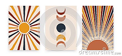 Abstract sun moon posters. Contemporary backgrounds, set of covers modern boho style. Mid century wall decor, vector art print Vector Illustration